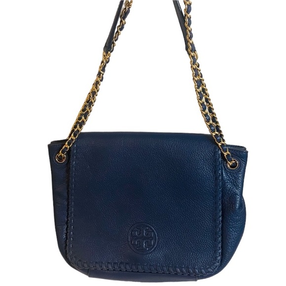 SOLD Tory Burch NWOT navy blue pebbled leather Marion shoulder bag - Picture 3 of 17